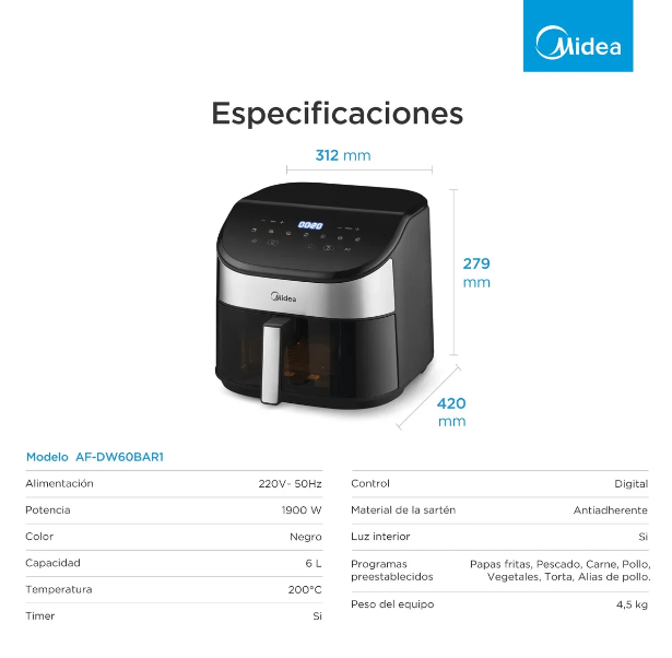 Air Fryer Midea 6lts Digital Negra DW60BAR1