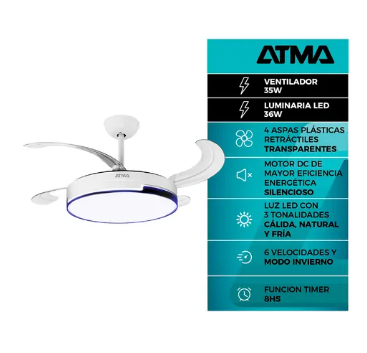 Ventilador de techo 42" ASPAS RETRACTILES blanco Atma TRB42445L