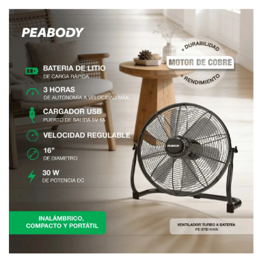 Ventilador Turbo a Bateria Peabody 16" PE-VTB1630N