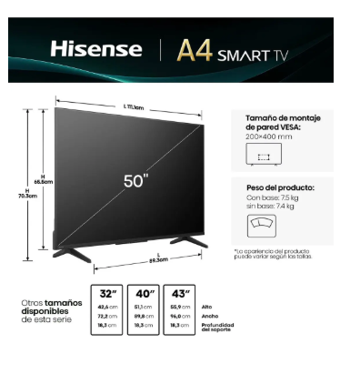 Smart TV Hisense 50" 4K Vidaa 50A4NV