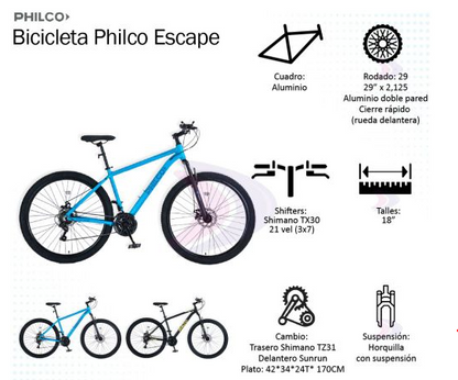 Bicicleta Philco 29" Aluminio Escape Run 21Vel Celeste