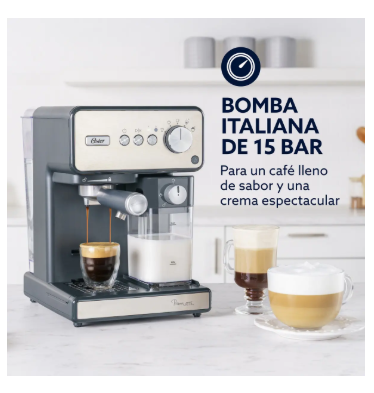 Cafetera Oster Espresso Primalatte 15 bares Plata TEM6604