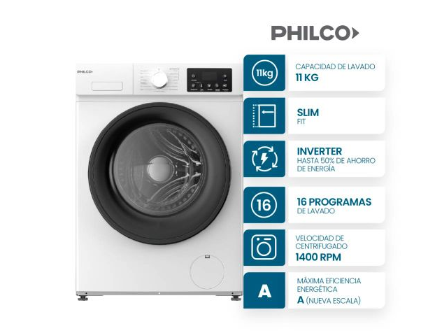 Lavarropas Inverter Philco 11KG 1400rpm Blanco
