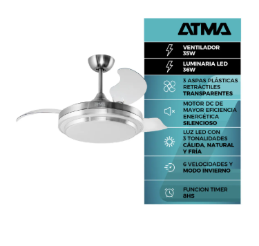 Ventilador de techo 42" 3 aspas RETRACTIL Aluminio TRA42435L