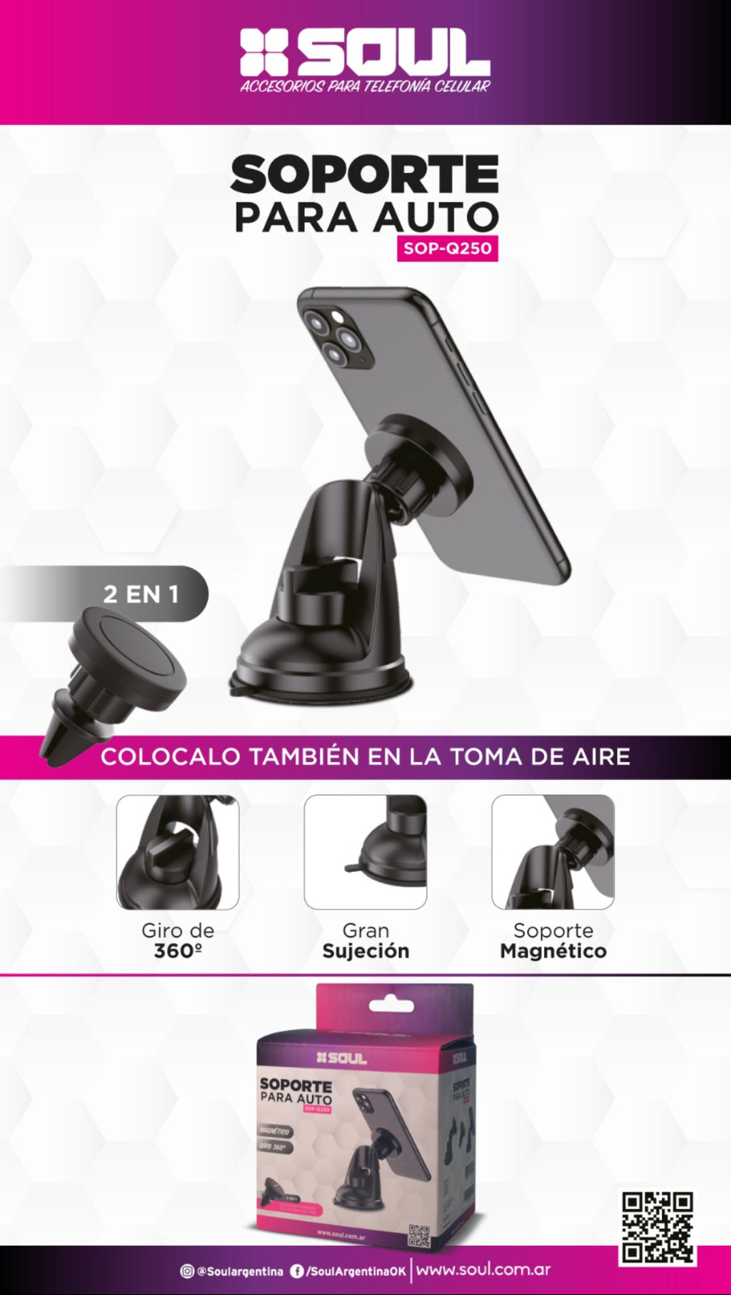 Soporte Magnetico p/auto SOUL 2 en 1 sop-q250